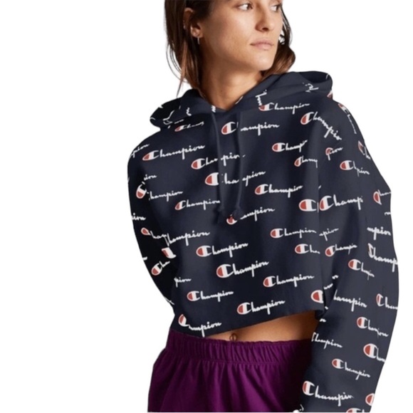 CHAMPION Reverse Weave Cropped Hoodie L/S Logo Spellout in Navy Size Sma… - Picture 1 of 9